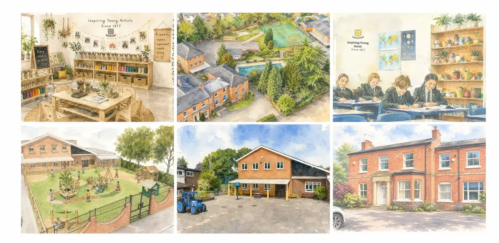Montage of water colour concept artwork for improvements to The Ryleys School, a private school in Cheshire
