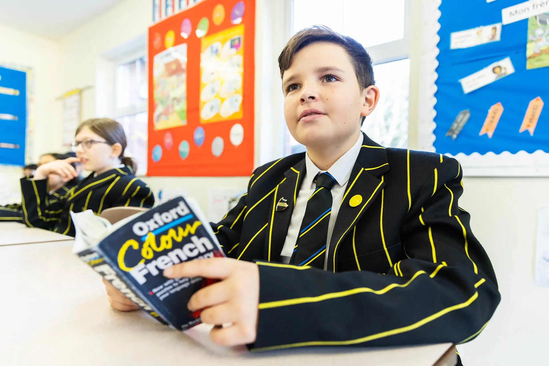 A Prep School pupil in French class at The Ryleys School, a private school in Alderley Edge, Cheshire