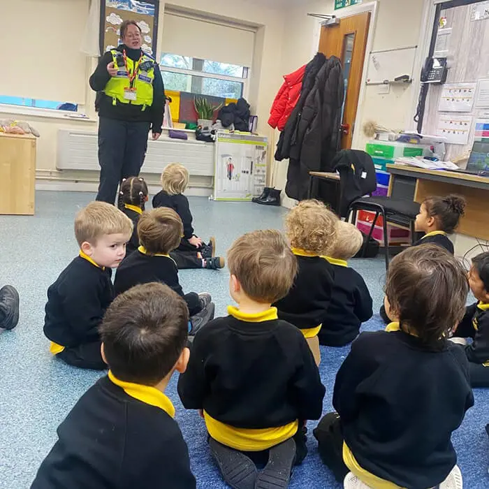 A Pre-School pupil at The Ryleys School, a private school in Alderley Edge, enjoying the visit from Cheshire Police