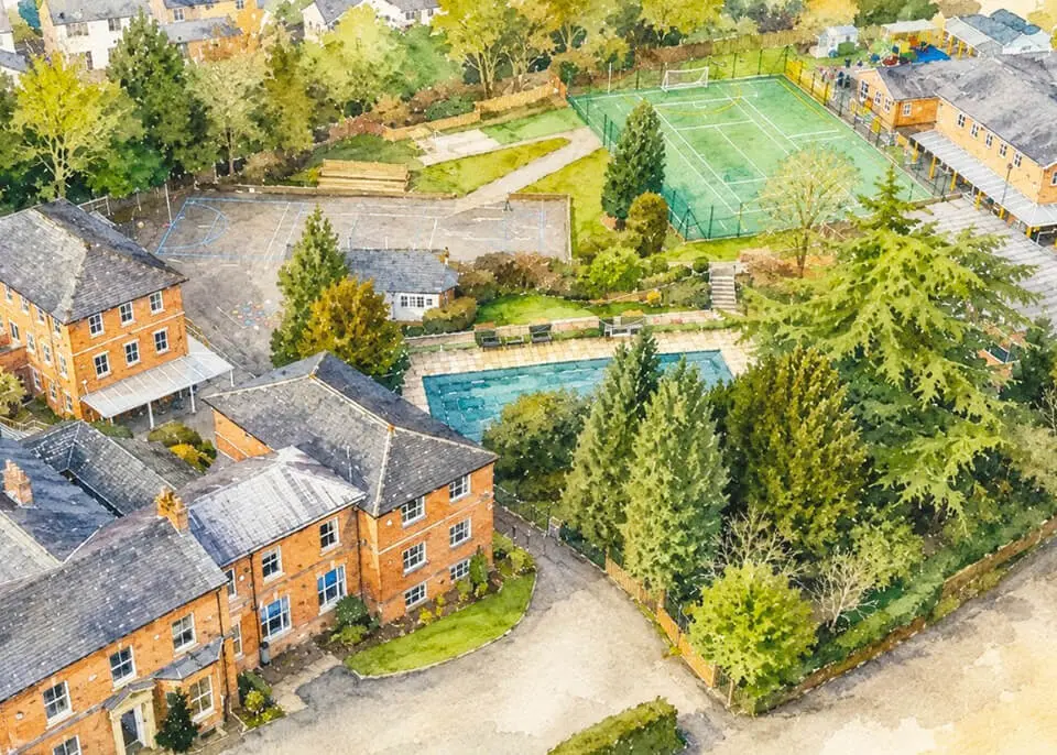 Watercolour painting showing an aerial view of The Ryleys School, a private Prep School in Cheshire