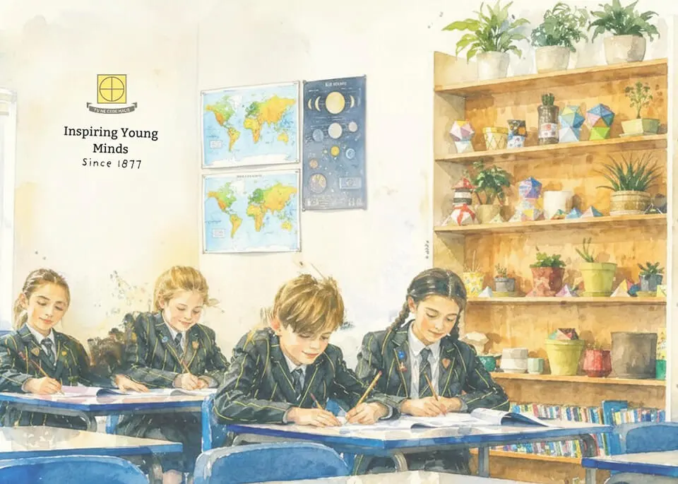 Watercolour image of pupils in class at The Ryleys School, a private Prep School in Cheshire